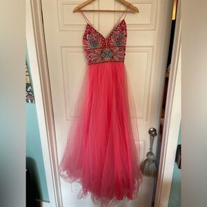Camille La Vie Pink Beaded Tulle Prom Dress